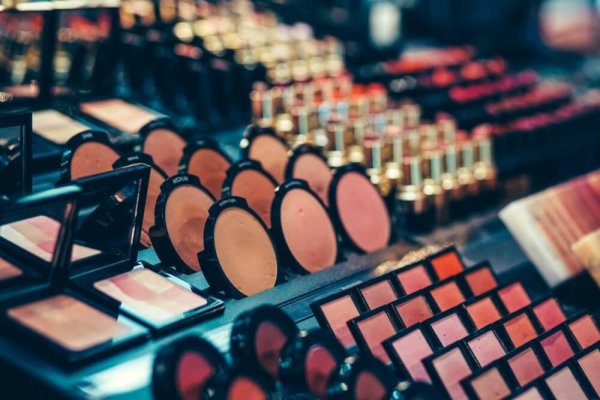 Cosmetics products for makeup are on display.